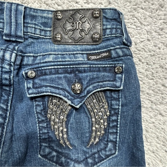 Miss Me Jeans Womens 27 Skinny Low Rise Dark Wash Fallen Angel Wings Gems Flap - Picture 1 of 5
